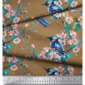 Soimoi Brown Velvet Fabric Bird,Leaves & Flower Floral Print Fabric by Yard 58 Inch Wide