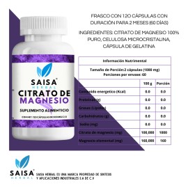 Citrato De Magnesio Puro Con 120 Cpsulas De 500 Mg Cu.  Suplemento Alimenticio  Alta biodisponibilidad  Sin sabor Saisa Herbal  Apoyo del sueo,...    