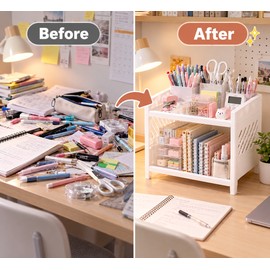 2-Tier Desktop Organizer for Office & Vanity – Compact PP Storage Rack for Stationery, Cosmetics & Daily Essentials