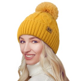 MIYING Winter Hats Women Knitted, Fleece Lined Winter Beanies for Women with Pom Pom Warm Thick Beanie Hats Tuque Femme Hiver Yellow