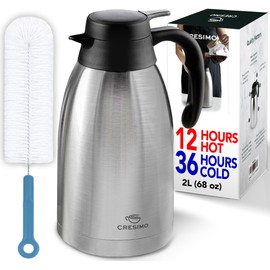 Thermal Coffee Carafe with Cleaning Brush - 68 oz / 2L Carafe, 24 Hours Cold or Hot Water Dispenser, Carafe for Hot Liquids - Stainless Steel Coffee Carafes for Keeping Hot, Coffee Urn - Cresimo