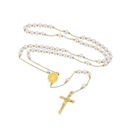 FaithHeart White Pearl Rosary Necklace with Crucifix Cross, Virgin Mary Rosary Beads Necklace for Women Catholic or Christian Gift