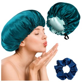 Hair Bonnet for Sleeping Double Layer Sleep Cap Adjustable Tie Band Curly Hair Night Bonnet for Braided and Curly Hairstyles (Blue)