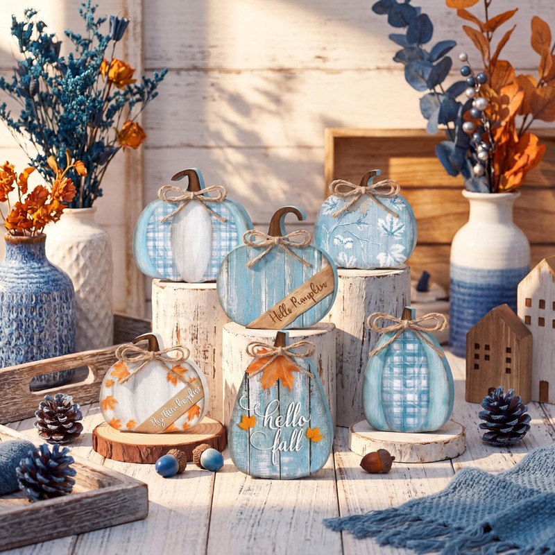 6 Pcs Fall Pumpkin Table Decor Wooden Signs, Blue and