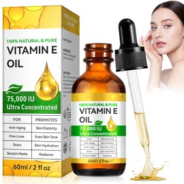 Aceite de Vitamina E Oil,Aceite de Vitamina E Puro 75,000 UI | Tratamiento Facial y Corporal Hidratante y Nutritivo para Rostro,Cicatrices, Piel Seca y Cabello
