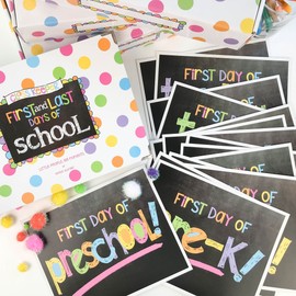 Class Keeper School Memory Book with First and Last Day of School Photo Signs, Pastel Dots Scrapbook Album and Pastel Text Photo Props
