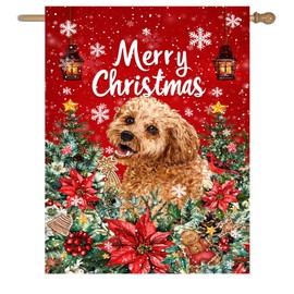 Merry Christmas House Flags 28x40 Double Golden Doodle Garden Flag Large Christmas Dog Flag Xmas Yard Flags for Outside Red Poinsettia Garden Flags Winter Decor