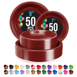 Exquisite 9 & 7 Inch. Dinner Plate Combo 100 Pack Burgundy Plastic Plates Disposable, 50-7 Inch Dessert Plates & 50-9 Inch Dinner Plates Burgundy Plate Set, Plastic Plates For Party