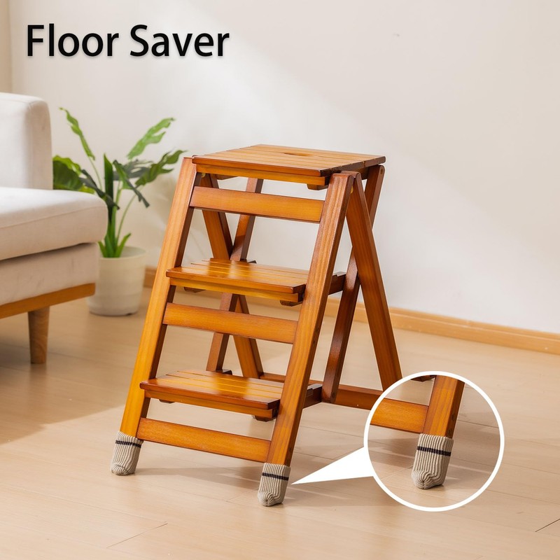 Latifolia Foldable 3 Step Ladder, Wooden Step Stool with Floor