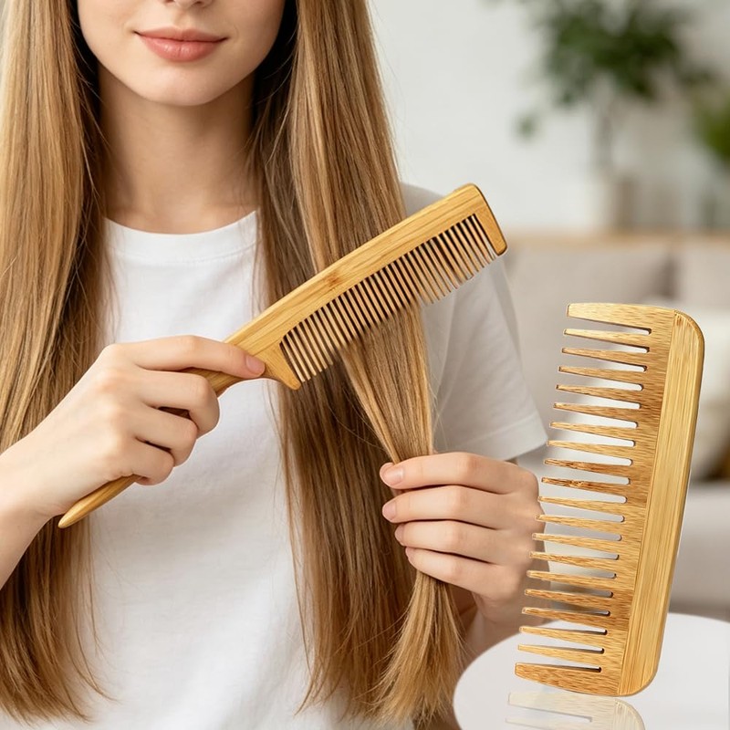 2pcs Bamboo Hair Comb Set, Natural Bamboo Wood Tail Combs