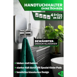 Menz Menz Handtuchhalter ohne Bohren, 4 Stck C Handtuchhaken Bad Edelstahl, wasserfeste Klebehaken, stilvolle Haken selbstklebend als Wandhaken, Fb. Silber