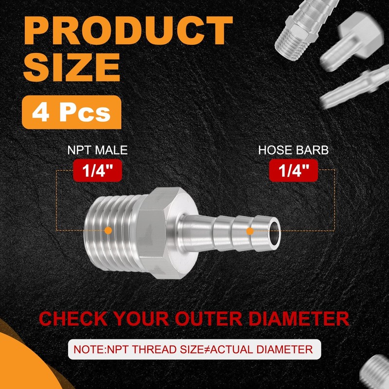 HARFINGTON 4pcs 1/4" to 1/4" NPT Male Stainless Steel Hose