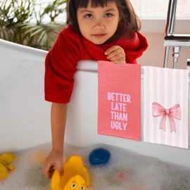 Yomisex Coquette Pink Bow Bathroom Hand Towels Set of 4, Preppy Girly Peach Hand Towels for Girls Bathroom Decor, Trendy Pink Kitchen Towels, 16x24 Inch