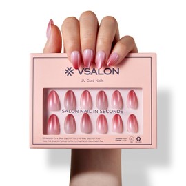 VSALON Press-On Nails - Short Almond Pink Ombre Cream Finsih Fake Nails, 32 PCS in 16 Sizes, Reusable Nail Kit with Long-Lasting UV Glue, Adhesive Tabs & Nail Glue (Dreamy Gradient)
