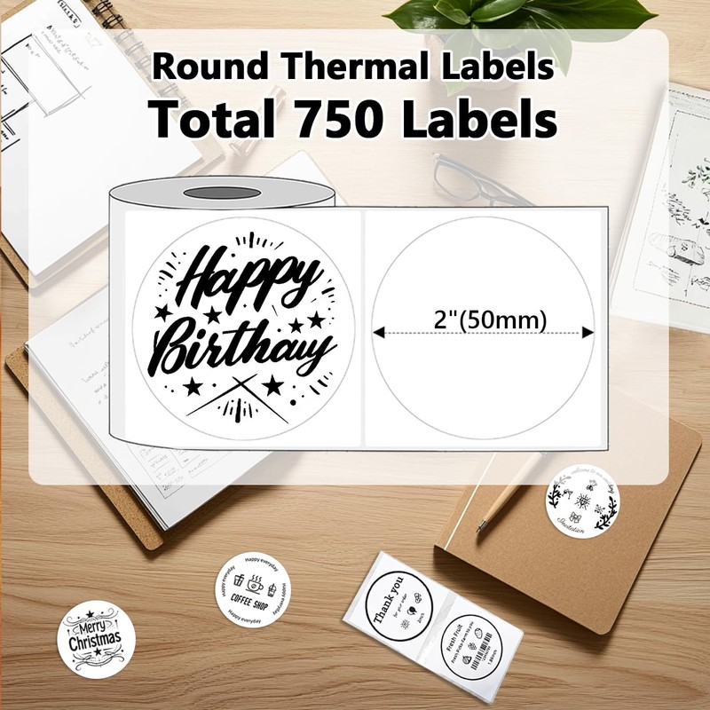750PCS 2 Inch Round Thermal Labels for Label Printer, Value