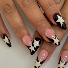 24pcs Short Almond False Nails French Black Tip Stick on Nails Star Pattern Press on Nails Removable Glue-on Nails Fake Nails Women Girls Nail Art Accessories