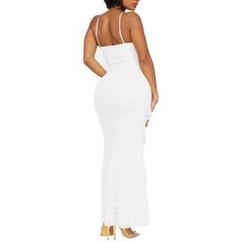 HOCILLE Women's Sexy V Neck Floral Lace Wedding Bodycon Spaghetti Strap Elegant Ruffle Maxi Cocktail Party Dresses, Small, White