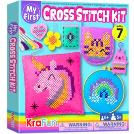 KRAFUN Beginner My First Cross Stitch Kit for Kids Arts & Crafts, 6 Easy Projects of Felt Keyring, Bag, Pillow Craft, Instructions, Gift for Girls and Boys, Learn DIY Crafting, Embroidery