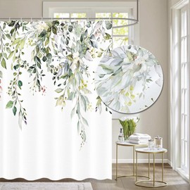 Tititex Sage Green Leaves Faux Linen Textured Shower Curtain, Watercolor Eucalyptus On The Top Plant Bathroom Decoration Shower Curtain Sets 72x72 Inch with Hooks