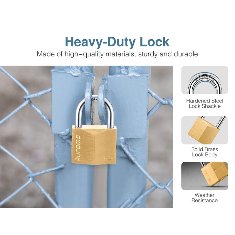 Puroma 1 Pack Keyed Padlock Waterproof Solid Brass Lock, 1.1