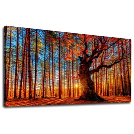 Canvas Wall Art Red Trees Forest Sunset Panoramic Fall Scenery Painting - Long Canvas Artwork Contemporary Nature Picture for Home Office Wall Decor 20" x 40"