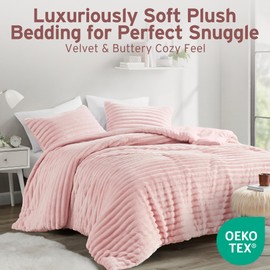 Intelligent Design Queen Comforter Set, Cozy Plush Bedding, Microfiber Reverse, 3 Piece, Lightweight, Super Soft Ribbed Velvet Comforter 2 Shams, All Season Fluffy Bed Set, Avril, Full/Queen Pink
