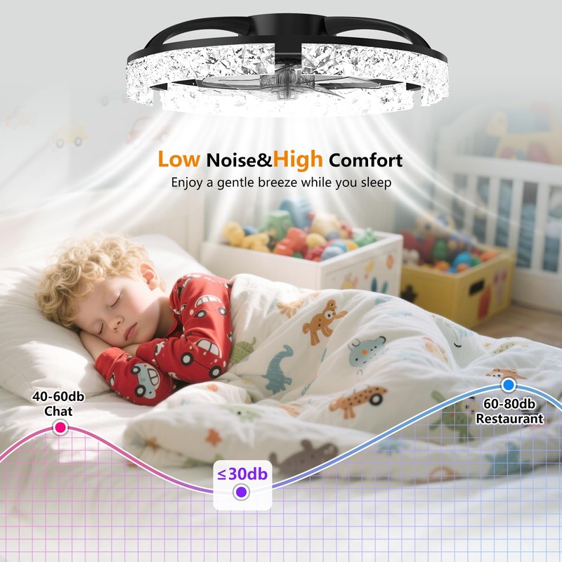 Aphyni Ceiling Fans with Lights and Remote, Crystal-Edged Modern Flush