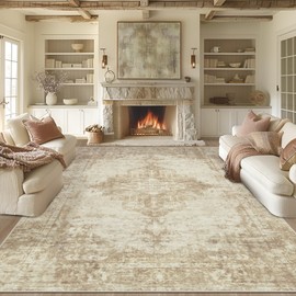 Area Rugs 9x12 Living Room: Lagre Vintage Living Room Rug with Non-Slip Backing Low Pile Rugs Soft Indoor Floor Thin Carpet Neutral Carpets for Bedroom Dining Room Farmhouse Nursery Brown/Cream