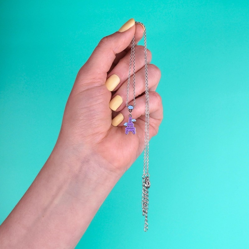Enamel Eiffel Tower w/ Clouds Necklace, Stainless Steel w/ 18k