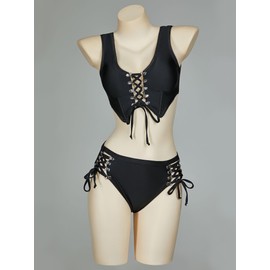 MEOWCOS - Conjunto de bikini clásico para mujer, color negro, traje de baño ajustable con diseño de cordón, Negro -, Small