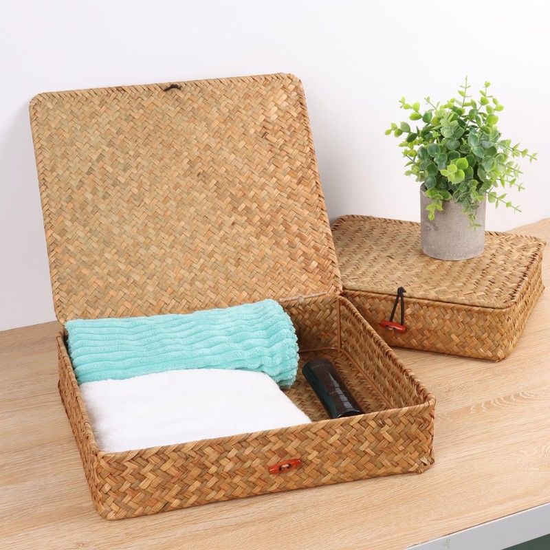 Moosky Flat Wicker Shelf Baskets with Lid, Seagrass Woven Basket