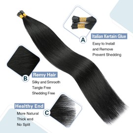 Sunya 24 Inch I Tip Hair Extensions Human Hair Jet Black I Tip Hair Extensions Pre Bonded I Tip Human Hair Extensions Cold Fusion Straight I Tip Hair Extension 50 Grams 50 Strands/Package