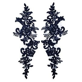 2 Pieces Extra Large Embroidered Bridal Lace Applique Trim Motif with Corded #41A (Navy)