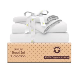 Tissaj Organic Cotton Sheets Queen Size – White – GOTS Certified – Durable Luxury Quality – Extra Deep Pockets & Secure Fit – Premium Bedding – Sateen Weave – with Carry Pouch – Set of 4