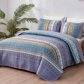 WONGS BEDDING Boho Quilt Set King Size Purple, 3 Pieces Striped Bedspread Coverlet Set, Bohemian Soft Lightweight Microfiber for All Season(104"×90")