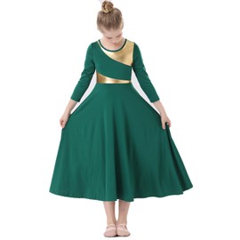ORIDOOR Girls Praise Dance Dress Metallic Gold Liturgical Worship Church Robe Full Length Swing Lyrical Costume,Dark Green,Tag130,7-8Years