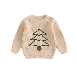 Lesimsam Toddler Baby Boy Girl Christmas Outfit Embroidery Knit Sweater Oversized Knitted Sweatshirt Pullover Winter Clothes (Christmas Tree Apricot, 12-18 Months)