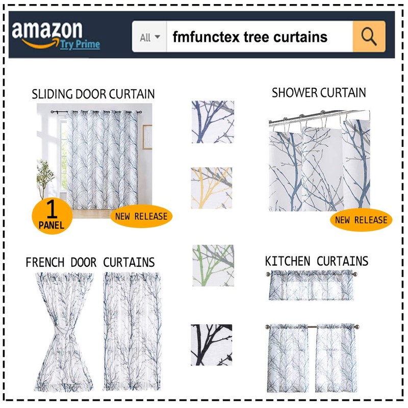 FMFUNCTEX Black Linen Kitchen Curtains, Branch Pattern Tier Window Curtains