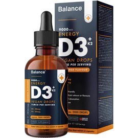 Vitamin D3 + K2 Liquid Drops - Vegan - High Strength 2000iu D3 + 25mcg K2-2 Month Supply - 120 Servings - 9,000mcg 60ml Dropper Bottle - Sublingual for Fast Absorption - Made in UK by Balance