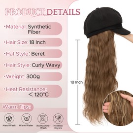 SEGO 18 Inch Long Wavy Hair Extension With Attached Black Beret Hat Synthetic Hairpiece Fashionable For Women - Light Brown & Ash Blonde