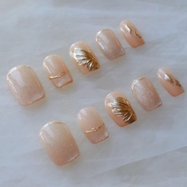 [GLORS] Purely Handmade Short Press On Nails | Flower Dance - Artistic nails with Cat-Eye and Icy Sheer Nude Color | Salon Quality in Short Square 10 pieces(S, SS)