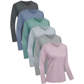 HOPLYNN 6 Pack Womens Long Sleeve Workout Shirts,UPF50+ Dry Fit V Neck UV Sun Protection Running Athletic Tops T Shirts 1 Black 1 Heather Grey 1 Gray 1 Purple 1 Green 1 Blue Large
