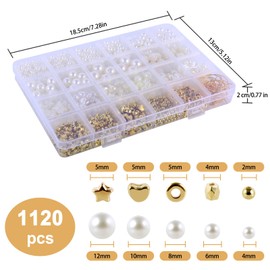 ZWQLZG Pearl Beads Bracelet Making Kit, 1120 Pcs White Beads and Gold Beads for Bracelet Making, DIY Bead Bracelet Making Kit with 5 Different Sizes of Plastic Pearl Beads