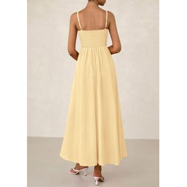 PRETTYGARDEN Women's Smocked Maxi Dresses 2025 Summer Beach Sundress Casual Spaghetti Strap Swing A Line Long Flowy Dress (Beige,Small)