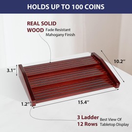 DecoWoodo Challenge Coin Holder Display Case - 3 Tiers Solid Wood Military Coin Rack for 80-100 Coins, Army Coin Stand for Desk Display, Mahogany