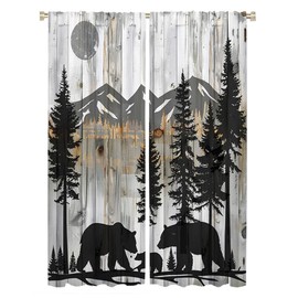 HOMCURSH Brebasf Rustic Cabin Wildlife Black Bear Blackout Curtains Vintage Farm Wooden Boards Spring Forest Animal Bear Thermal Insulation Curtains for Living Room Bedroom 2 Panels 63" L x 21" W