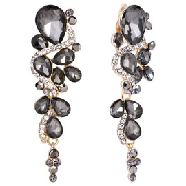 Clearine Wedding Jewellery for Brides Statement Costume Bohemian Boho Teardrop Crystal Cluster Long Drop Clip-On Dangle Chandelier Earrings Grey Black Gold-Tone