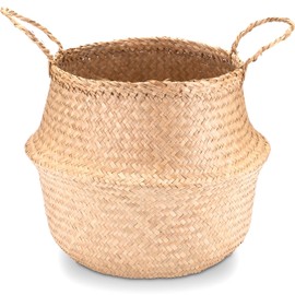 Decorasian Belly Basket, Braided Seagrass Large and Small - Basket Planter in Straw or Raffia Look - Seagrass Basket with Handle for Carrying - 2 Pieces 35 cm