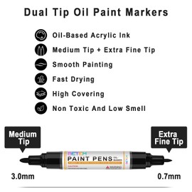 Betem 4 Count Dual Tip Oil Based White Black Paint Markers Pens(0.7mm & 3mm), Permanent Paint Marker, Waterproof, Quick Dry, for Rock Painting, Wood, Plastic, Metal, Canvas(2White 2Black)