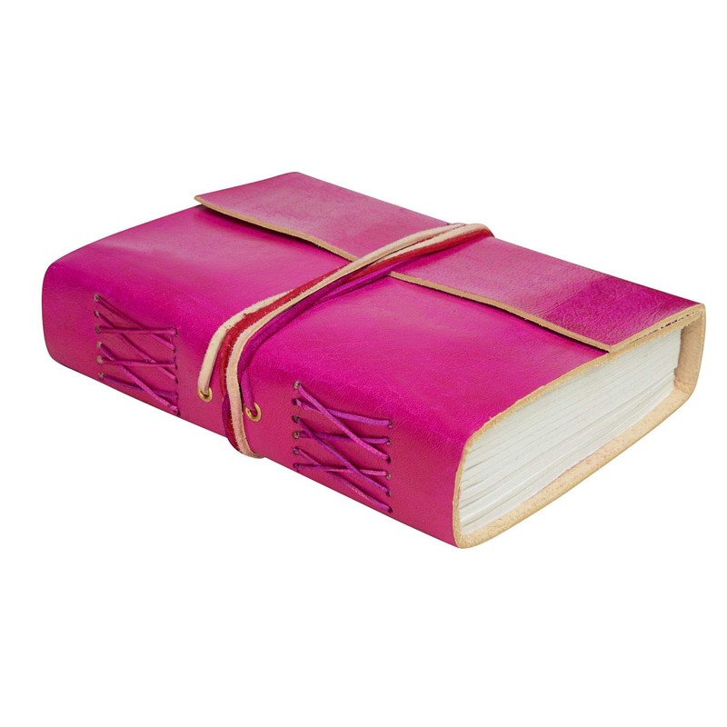 Handmade 3-String Cerise Pink Leather Journal | Plain Recycled Paper